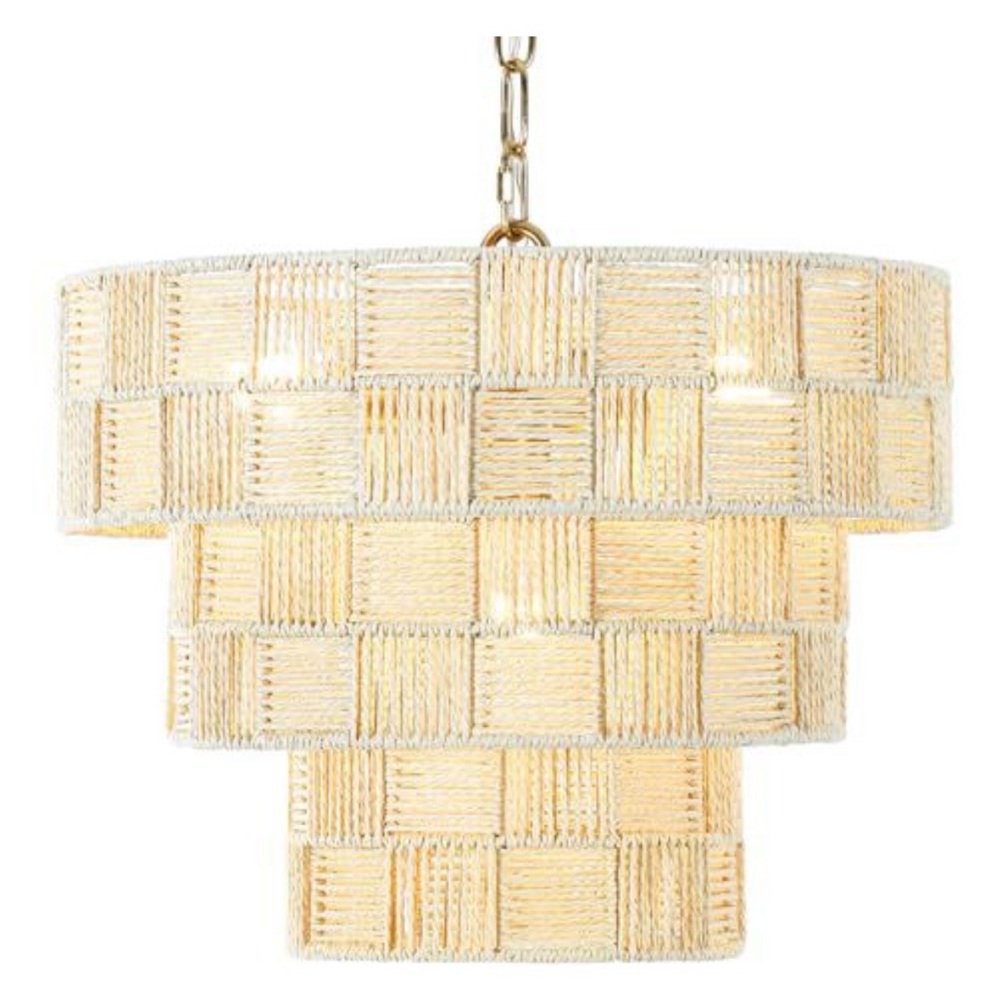 Farmhouse Dinning Room Fixture, BoHo Rattan, Cream Tiered Chandelier